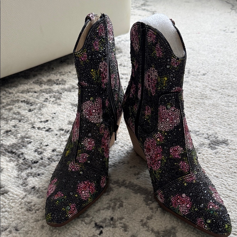 Betsey Johnson Black Floral Gemmed Ankle Boots